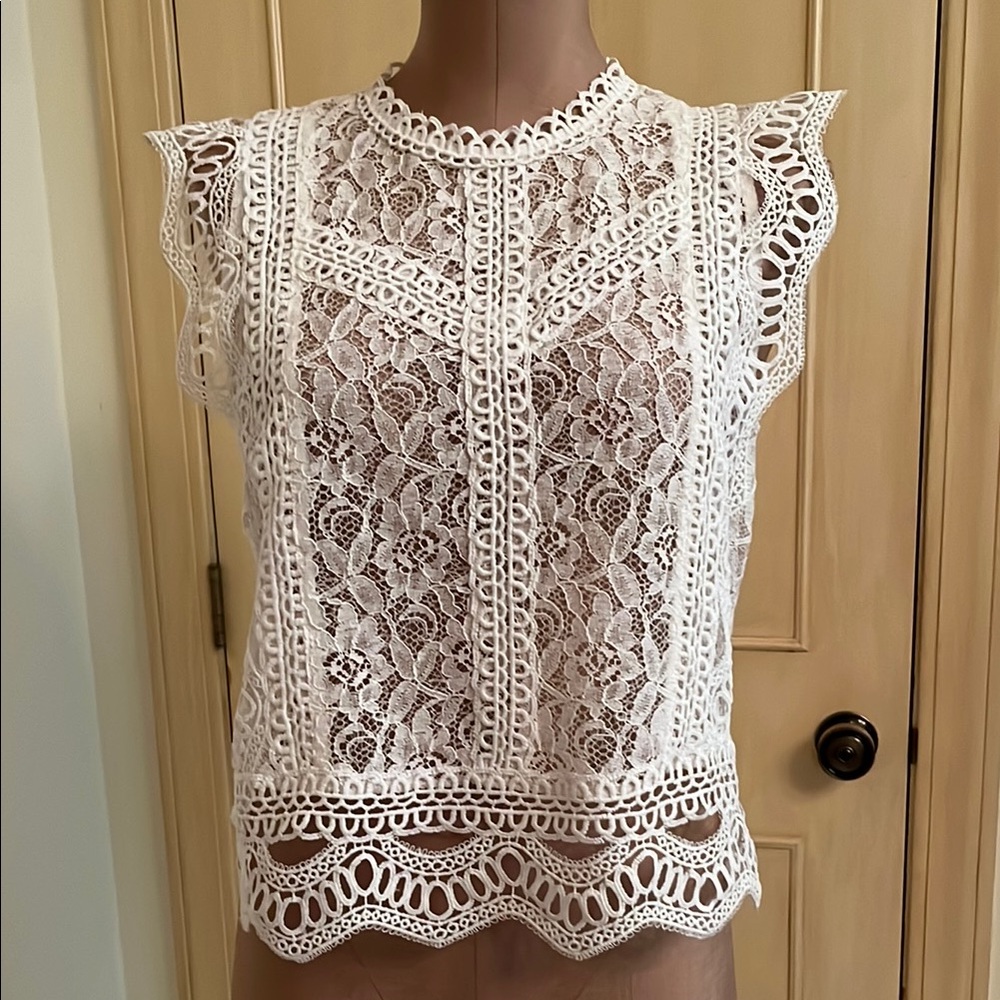 ZARA Coquette Boho Crochet Lace Crew Neck Ruffle Prairie SLV Floral White Top L
